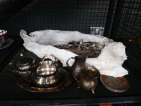 Cage containing loose cutlery, plus silver plate to include bowls and jugs