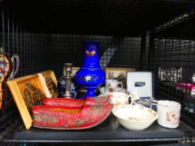 Cage containing Middle Eastern leather shoes, Bunnykins crockery, silver plated candlestick and