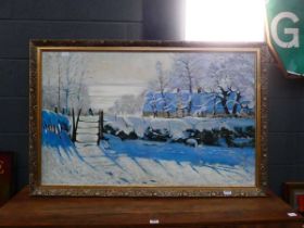 Oil on canvas - winter scene with trees, fence and gate