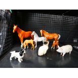 Cage containing Beswick horse, pig, spaniel and Siamese cat