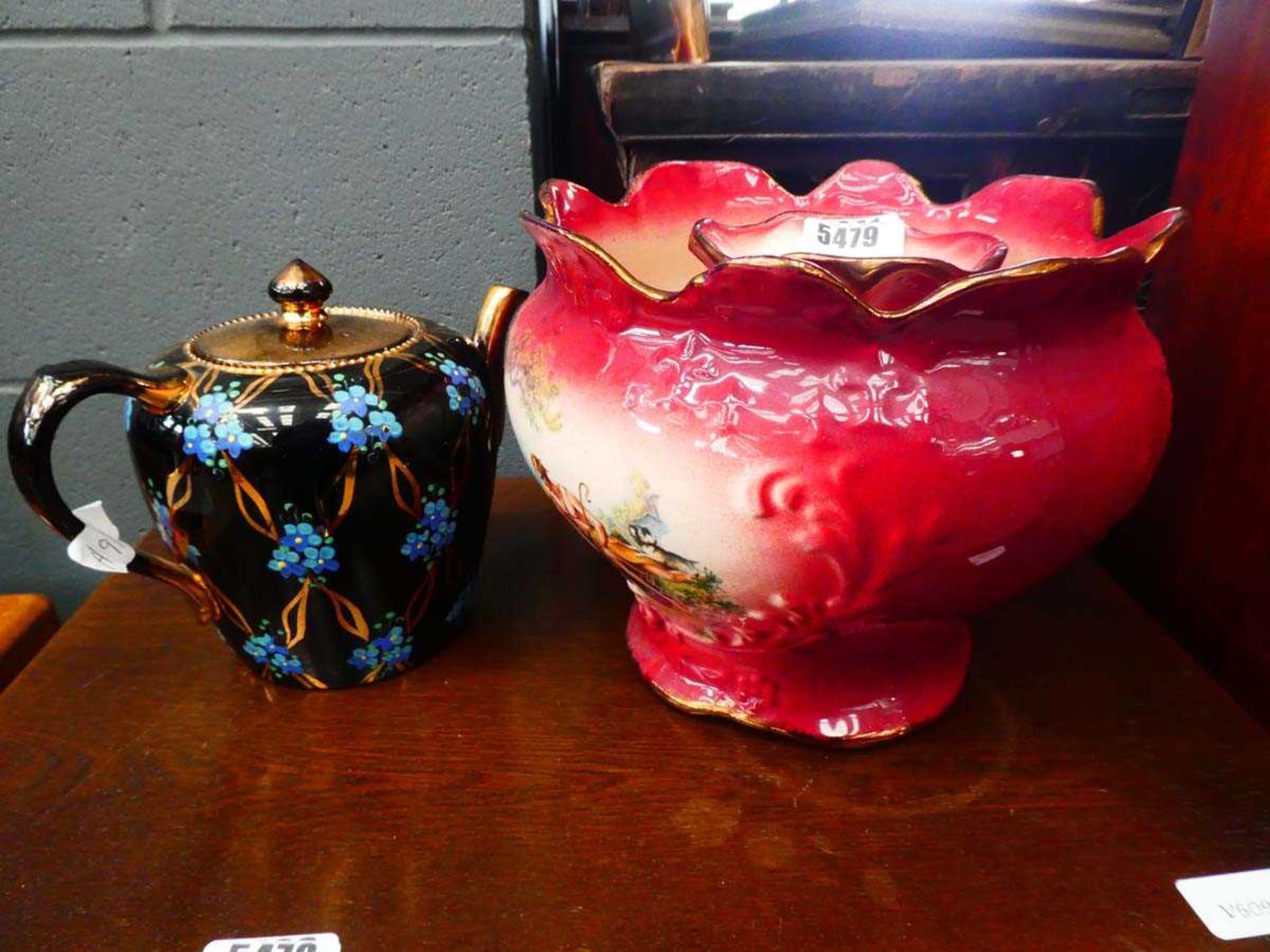 Transfer printed bowl, plus a vase and teapot