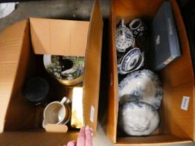 Two boxes containing collectors plates, blue and white china, and Cornish ware jug