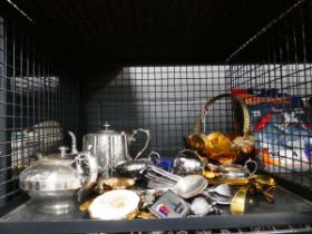 Cage containing silver plated teapot, loose cutlery, plus compacts and brass basket