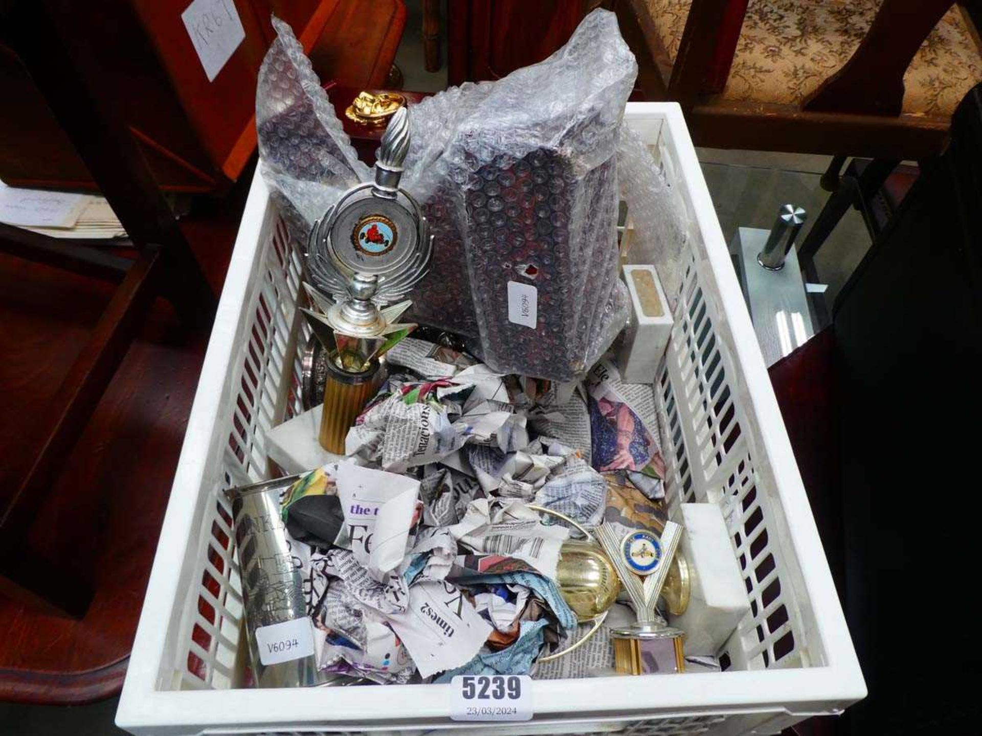 Box containing qty of silver plate to include rose vases, trophies and clock