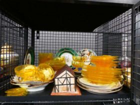 Cage containing coloured glass, coffee pot, plus butter dish and various dinner plates