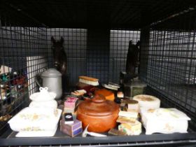 Cage containing Horse figures, brushes, ephemera, Aynsley lidded pots, match boxes and treen