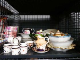Cage containing rose patterned coffee cans, Nirotake sugar bowls, plus jugs and general crockery