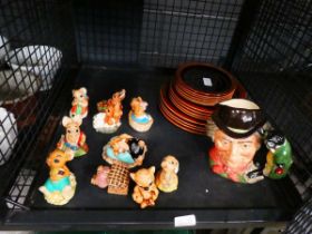 Cage containing Delft figurines, toby jug and Hornsea crockery