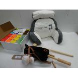 +VAT Box containing assorted colour play-doh, Hobby horse and child's support cushion