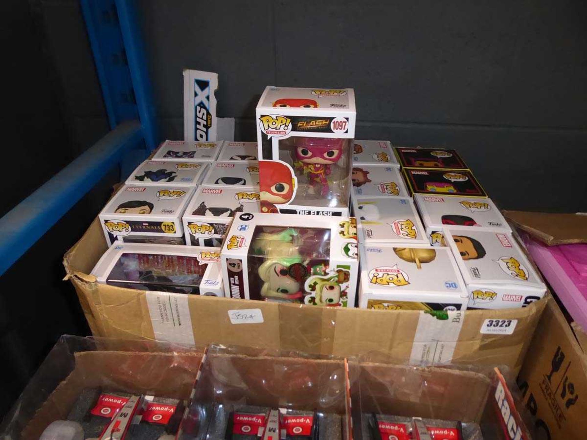Box containing large quantity of pop vinyl figures inc. Harlequin, Joker, Venom, the Flash,