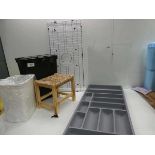 +VAT 2 waste bins, s/s sink rack, raffia stool, cutlery tray and universal glass panel