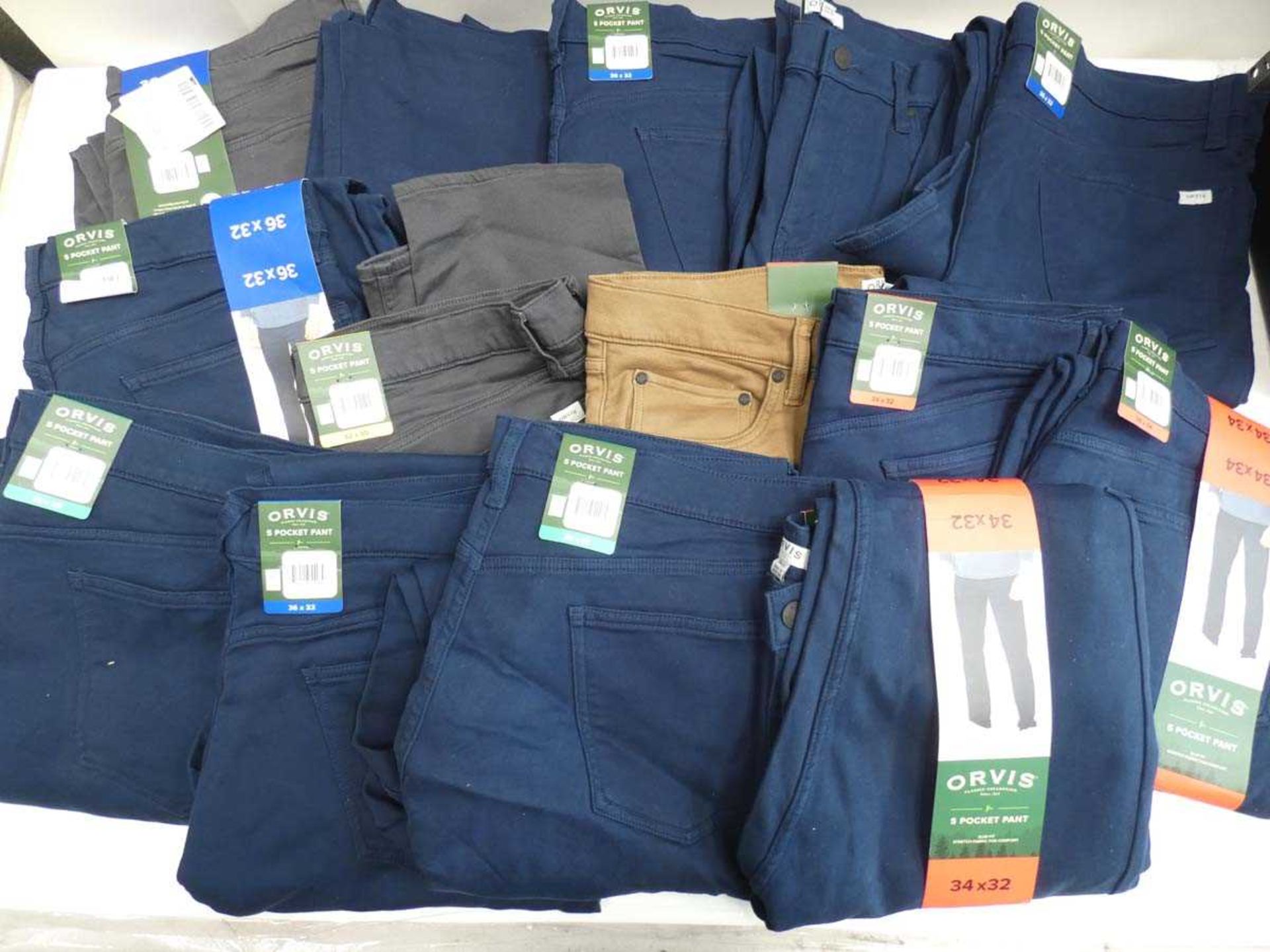 +VAT 14 pairs of men's Orvis 5 pocket trousers in various colours and sizes