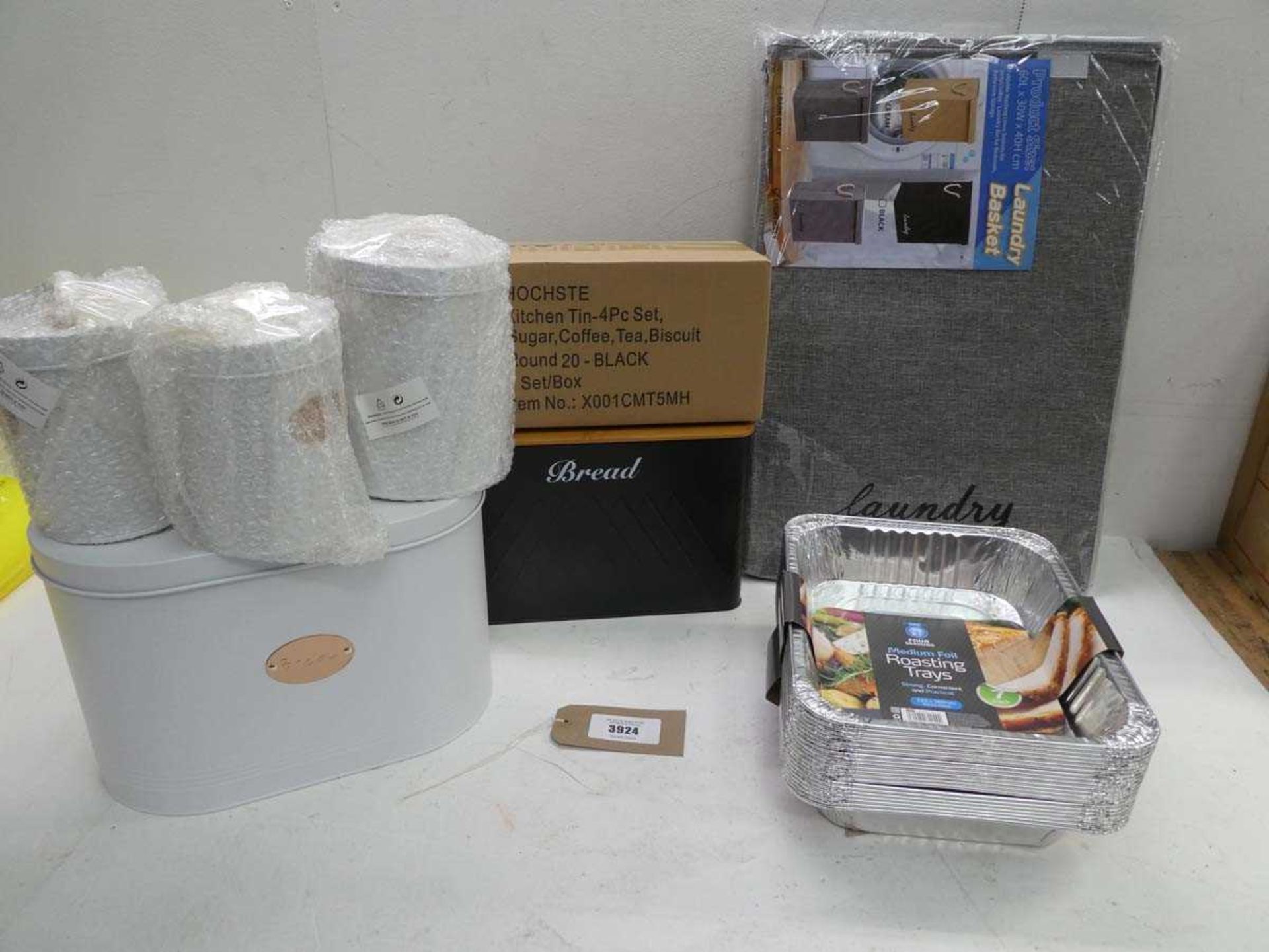 +VAT 2 bread bins and matching canisters, laundry basket and foil roasting trays