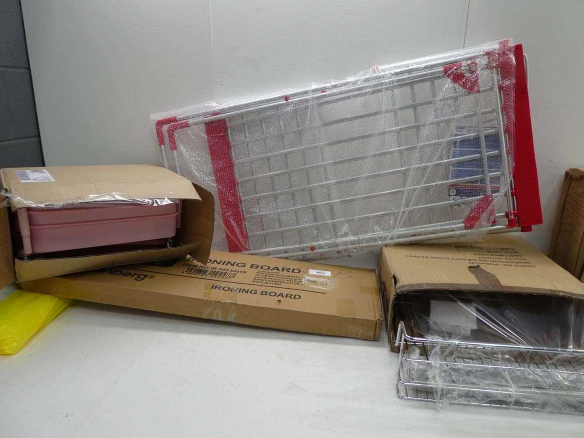 +VAT Soft close kitchen basket, ironing board, heated clothes airer and pink storage trolley