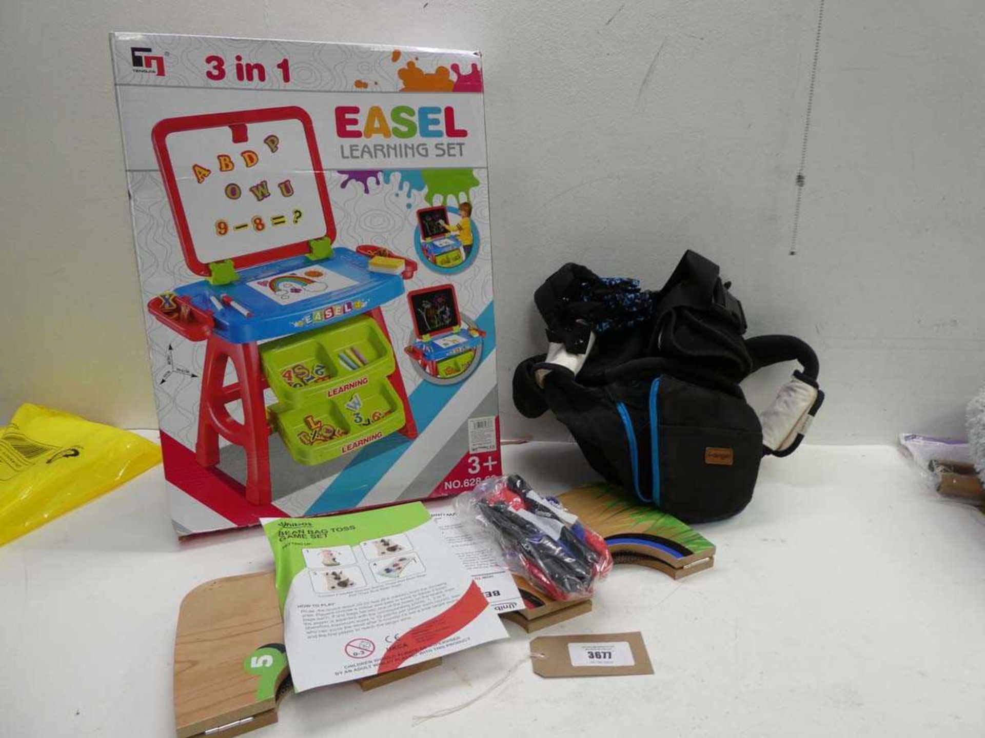 +VAT Easel 3 in 1 learning set, Bean bag toss game set and i-angel baby carrier