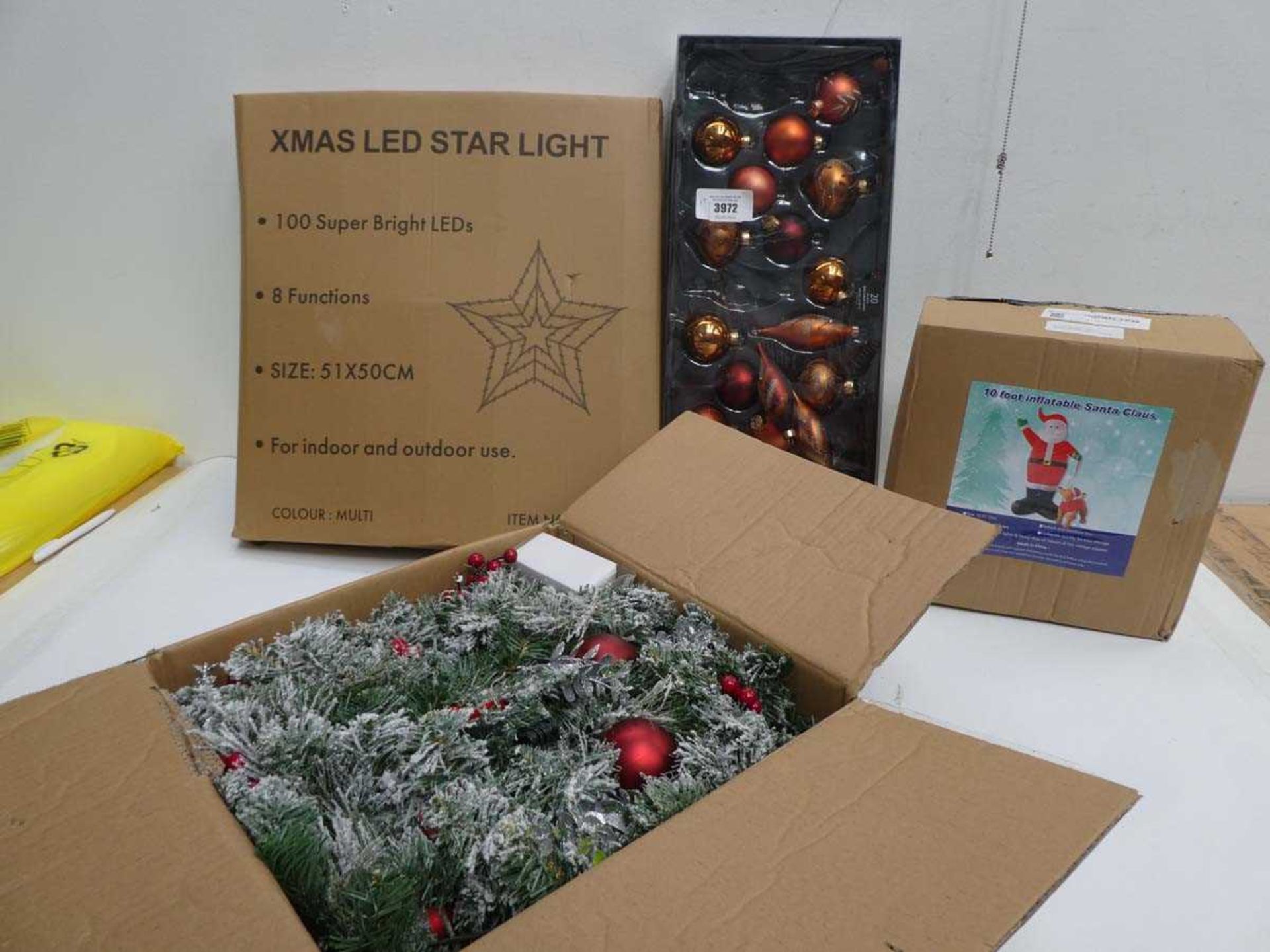 +VAT Xmas LED star light, length of garland, Box of baubles and Inflatable Santa