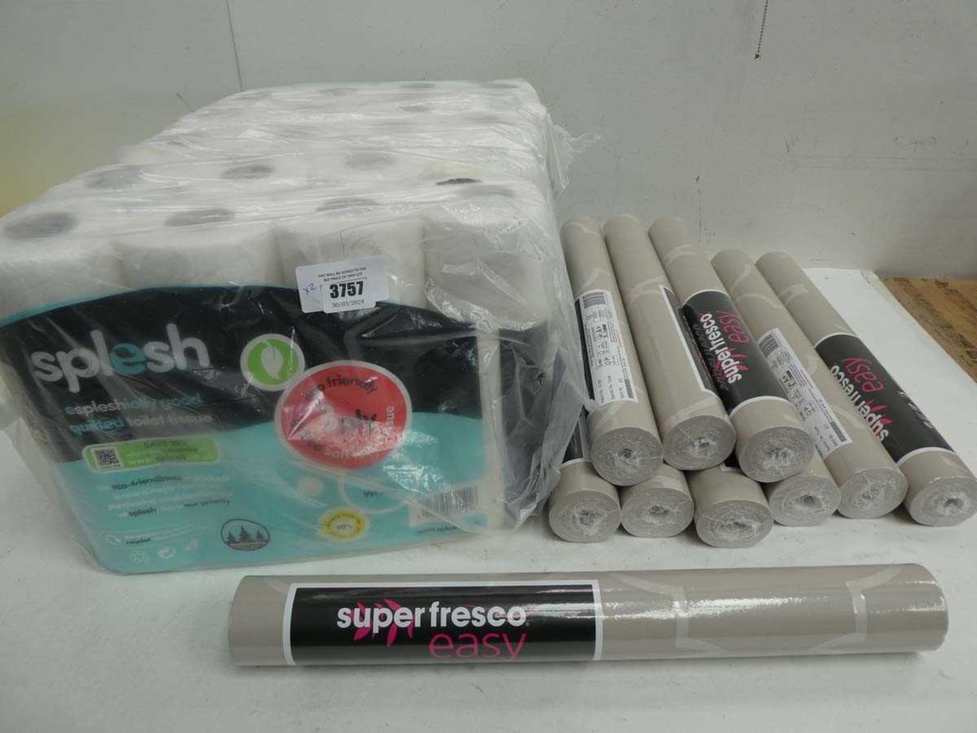 +VAT 10 rolls of Superfresco Easy wallpaper and 5 packs of 9 Splesh quilted toilet rolls