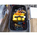 Large box containing power tools, small welder and a quantity of wheels