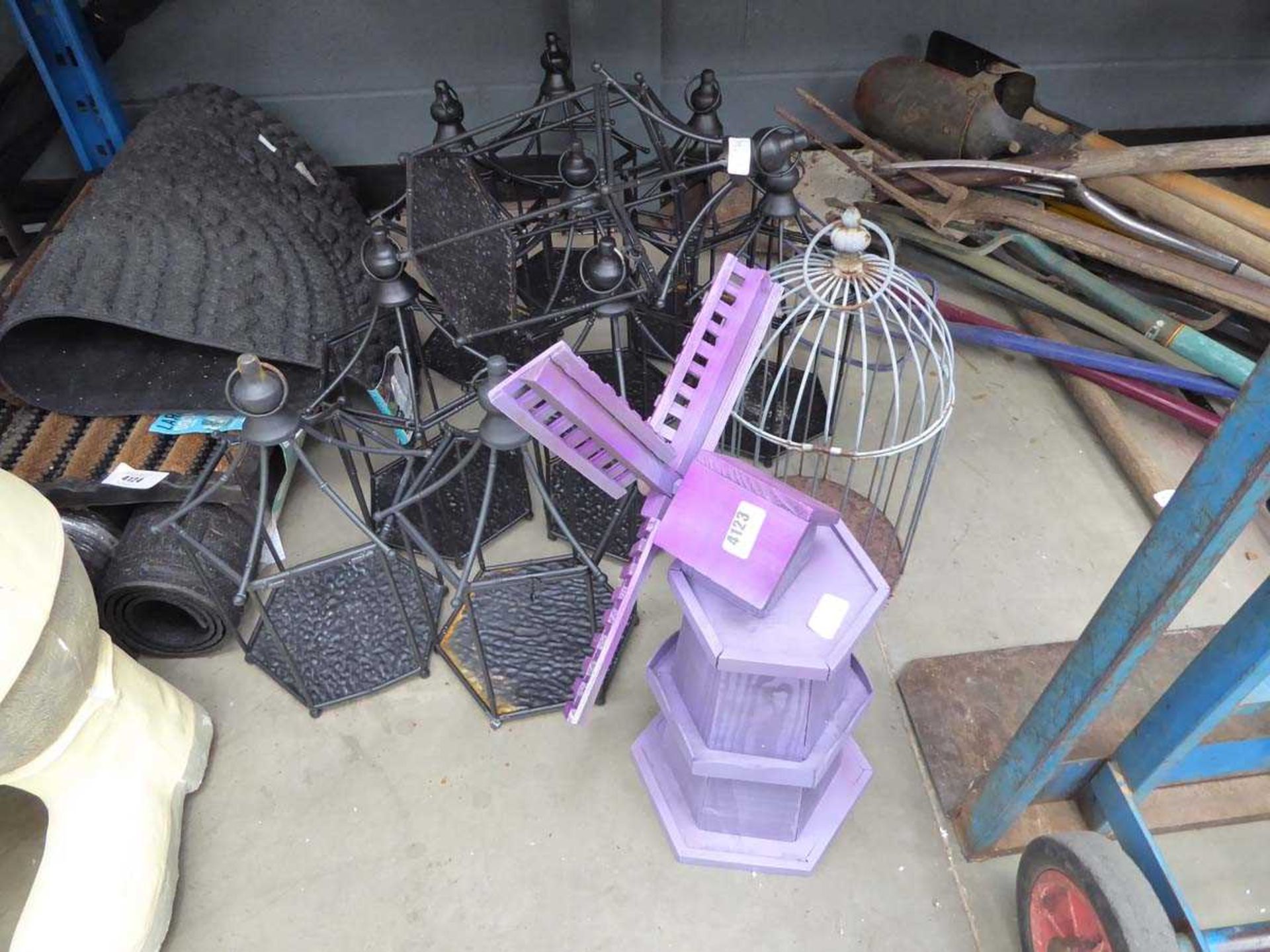 Large qty of bird style cages and a wooden windmill