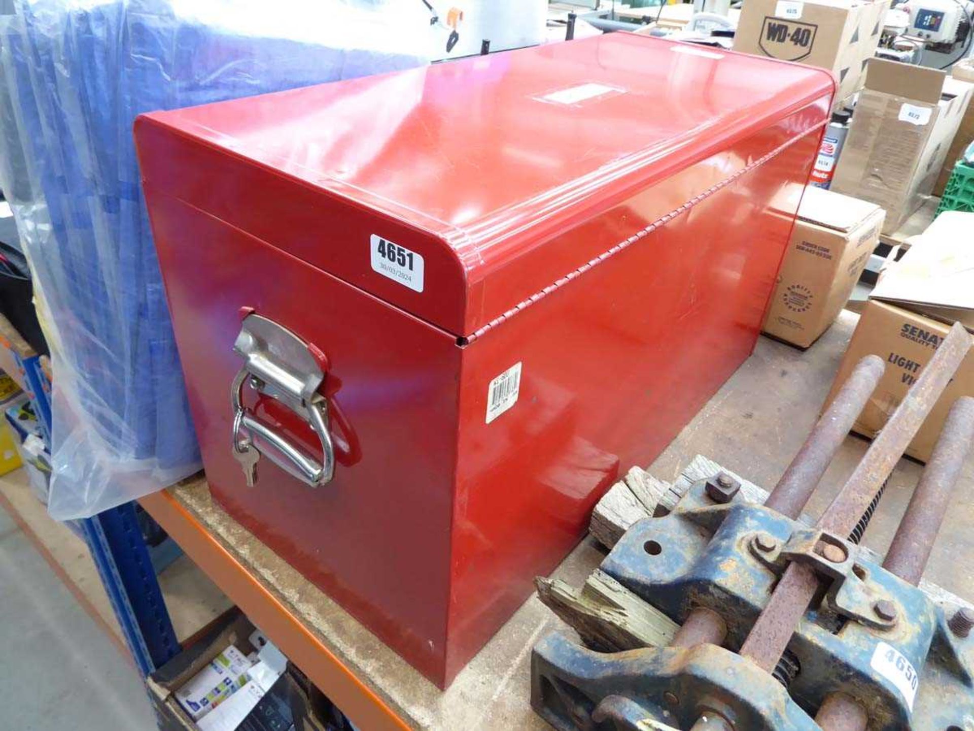 Large red metal toolbox (empty)