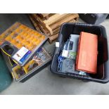 2 x yellow and black screw boxes with assorted fixings and a box of assorted drill bits and other