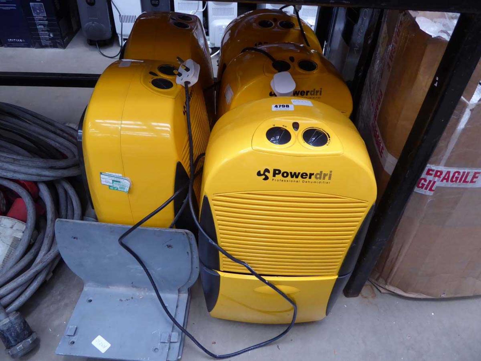 5 x Powerdri yellow dehumidifiers with brackets