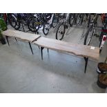 +VAT 2 x conservatory style wooden benches with metal legs