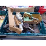 Box containing a mincer, vintage planes, tape measures, oil cans, etc