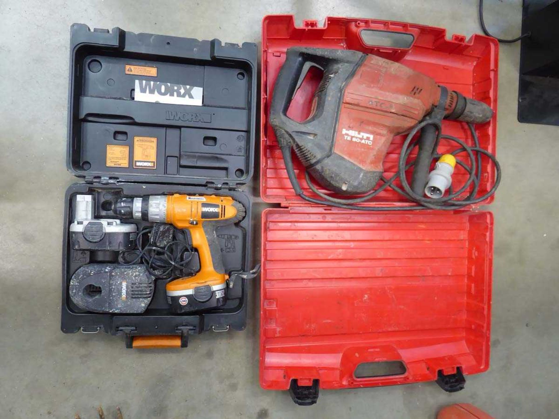 Hilti large 110V SDS breaker/drill and Worx battery drill with 2 batteries and charger