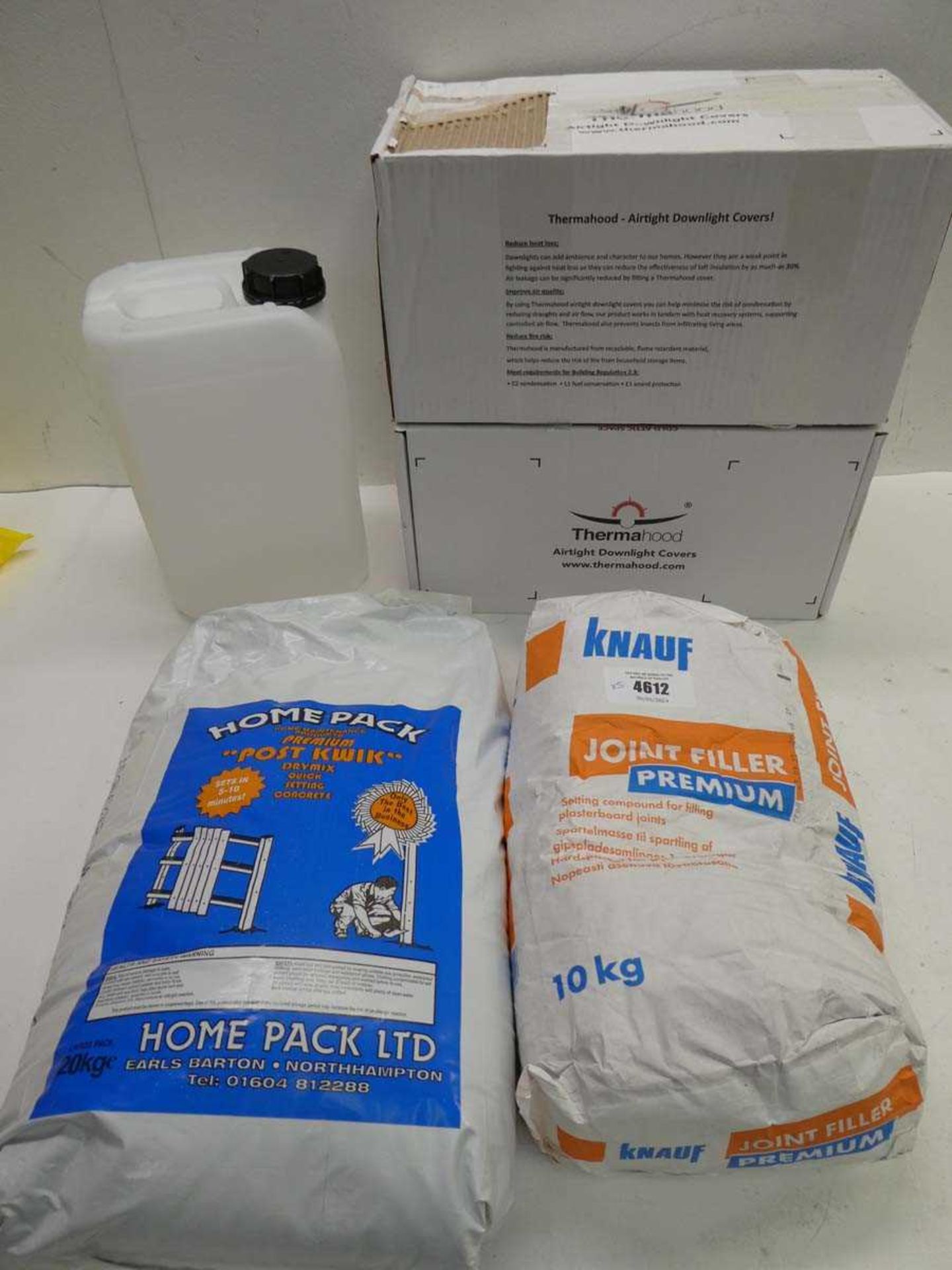 +VAT 10kg bag of joint premium filler, 20kg ag of Post Kwik, 2 boxes of Thermahood Airtight