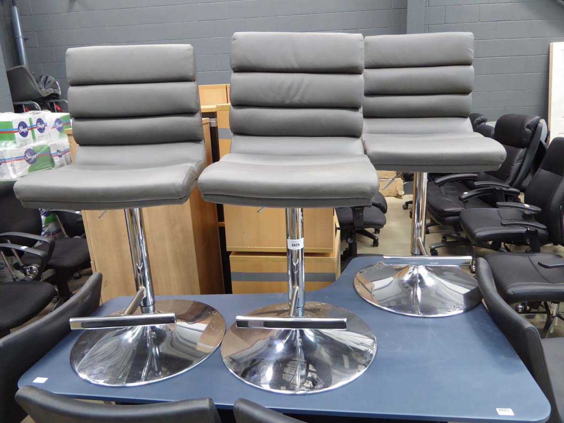 +VAT 3 grey chrome framed bar stools