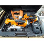 Worx multi toolbox with one battery and charger, to include drills, jigsaws, and circular saw