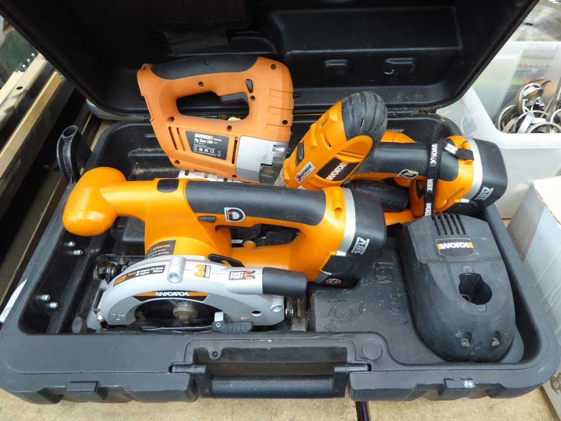 Worx multi toolbox with one battery and charger, to include drills, jigsaws, and circular saw