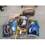 Pallet of assorted items including lorry straps, work lights, large G clamps, spanners, welding