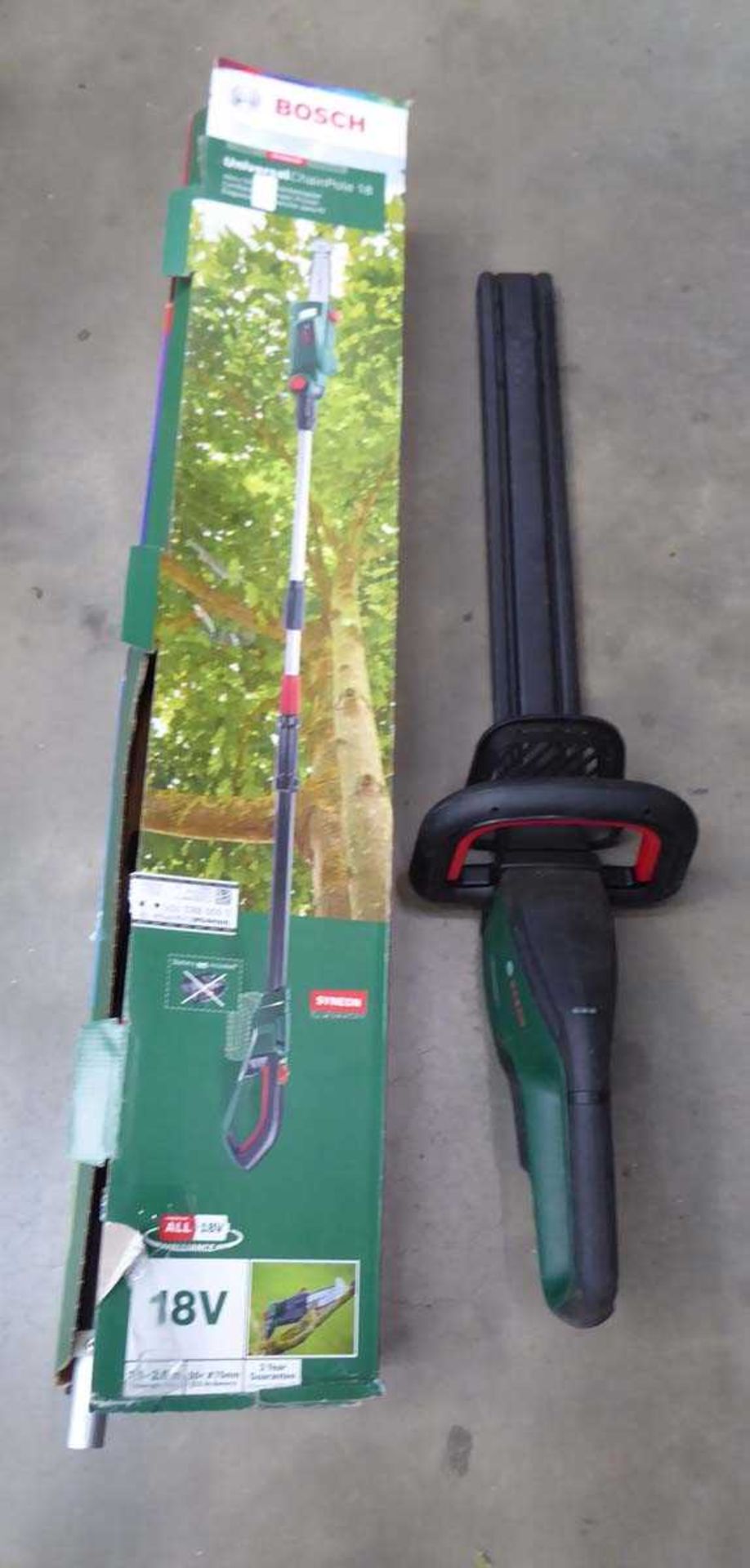 Bosch universal chain pole, no battery, no charger and a Bosch battery powered hedge cutter, no