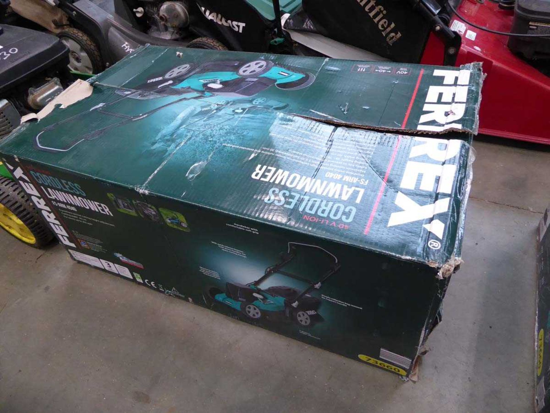 Two boxed Ferrex electric lawnmowers, one has no grass box and both have no batteries - Image 5 of 5