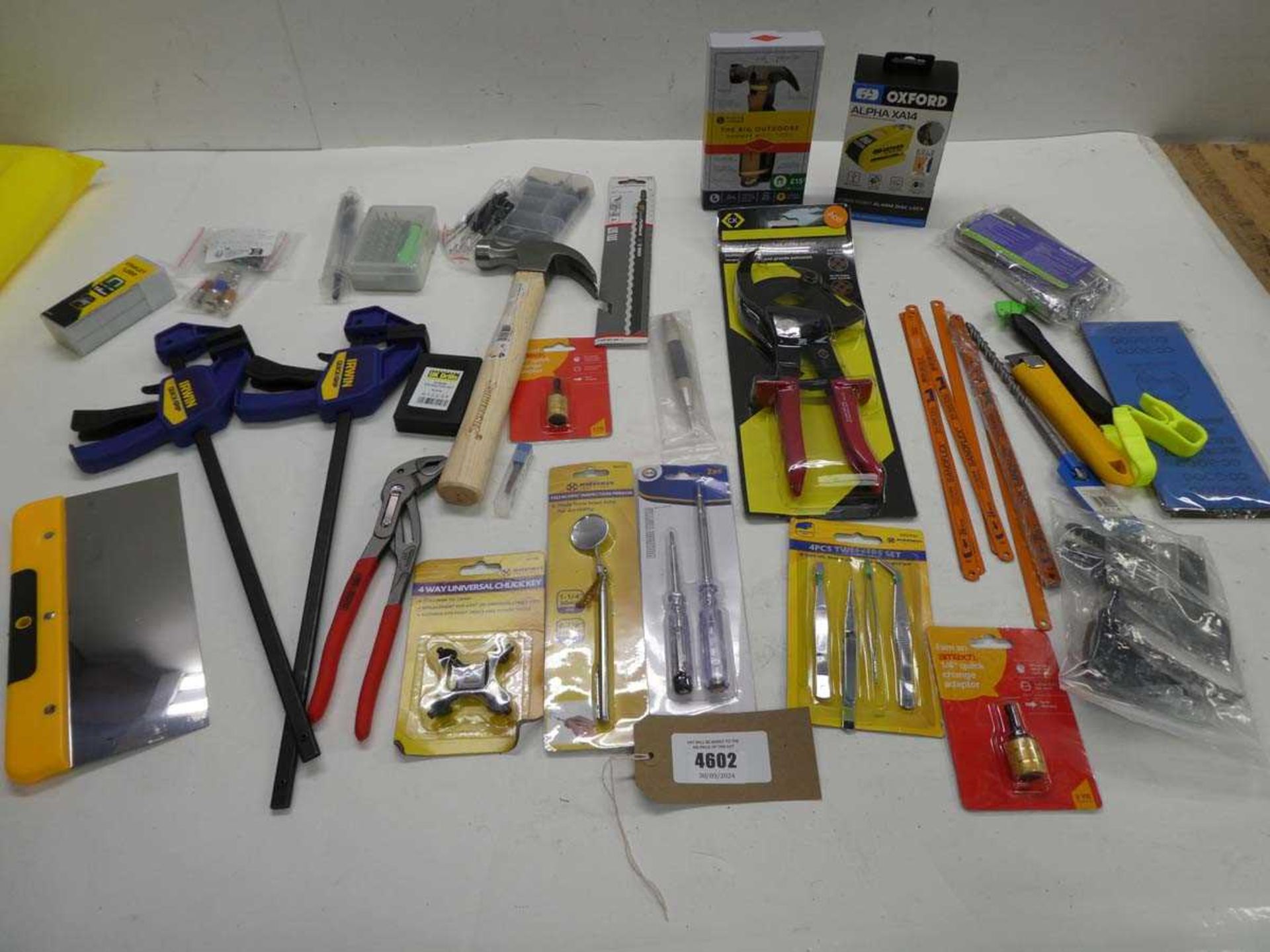 +VAT Hammer, Ratchet cable cutter, F clamps, Oxfor disc lock, drill bits, saws blades, chuck key,