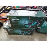 Two boxed Ferrex electric lawnmowers, one has no grass box and both have no batteries