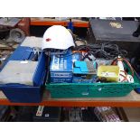 Large plastic crate containing extension cable, drill, spray guns, etc an and empty plastic toolbox