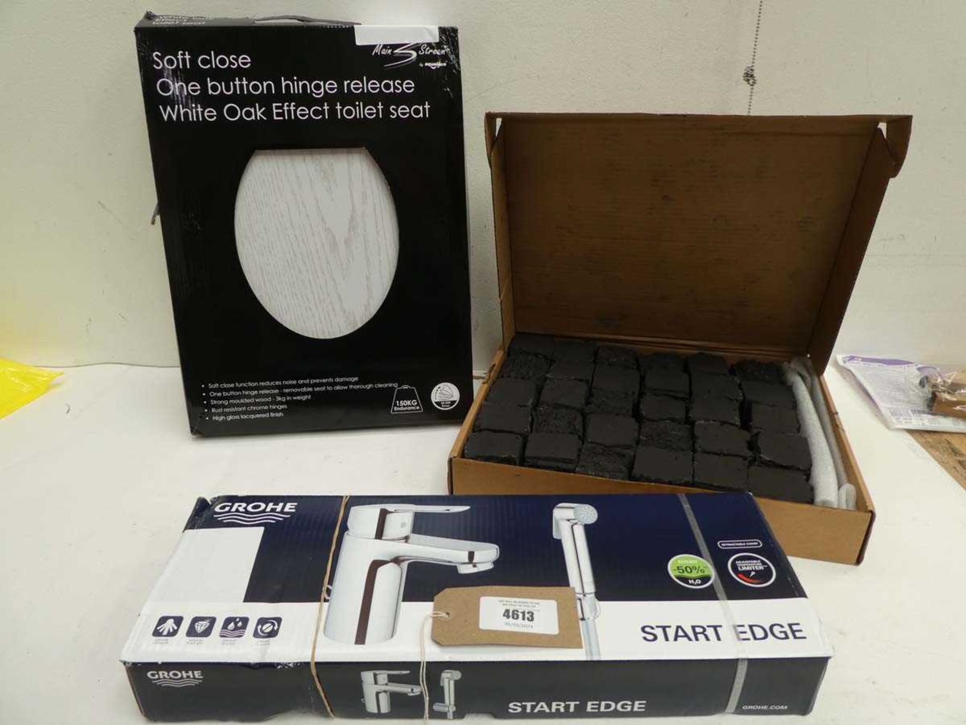+VAT Soft Close white oak effect toilet seat, Grohe Start Edge mixer tap and box of gas fire