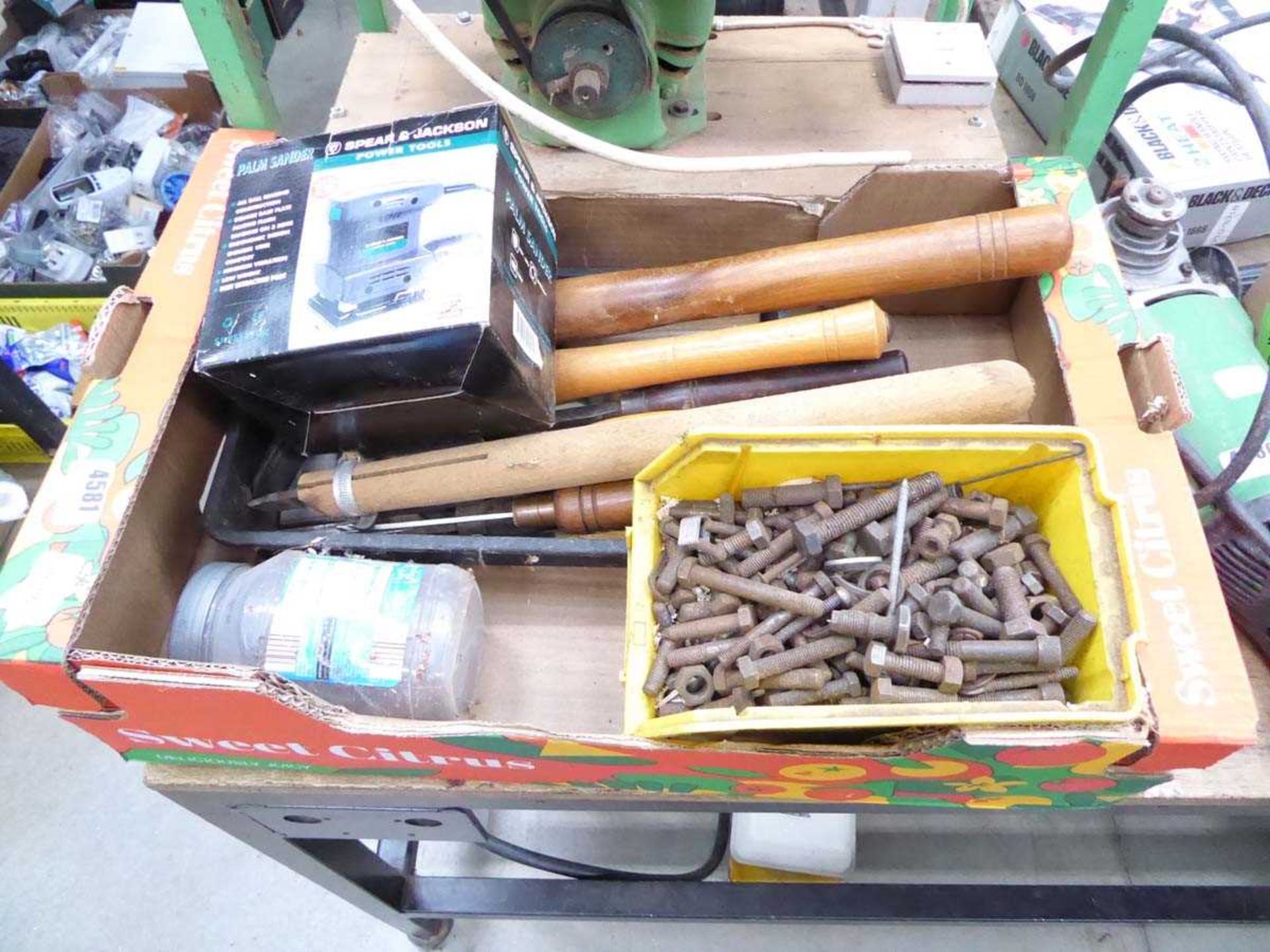 Box containing wood turning chisels, small sander and bolts