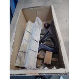 Box containing small hand plane, measure, wooden angle block, etc