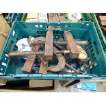 Box containing G clamps, wooden clamps, scales, etc