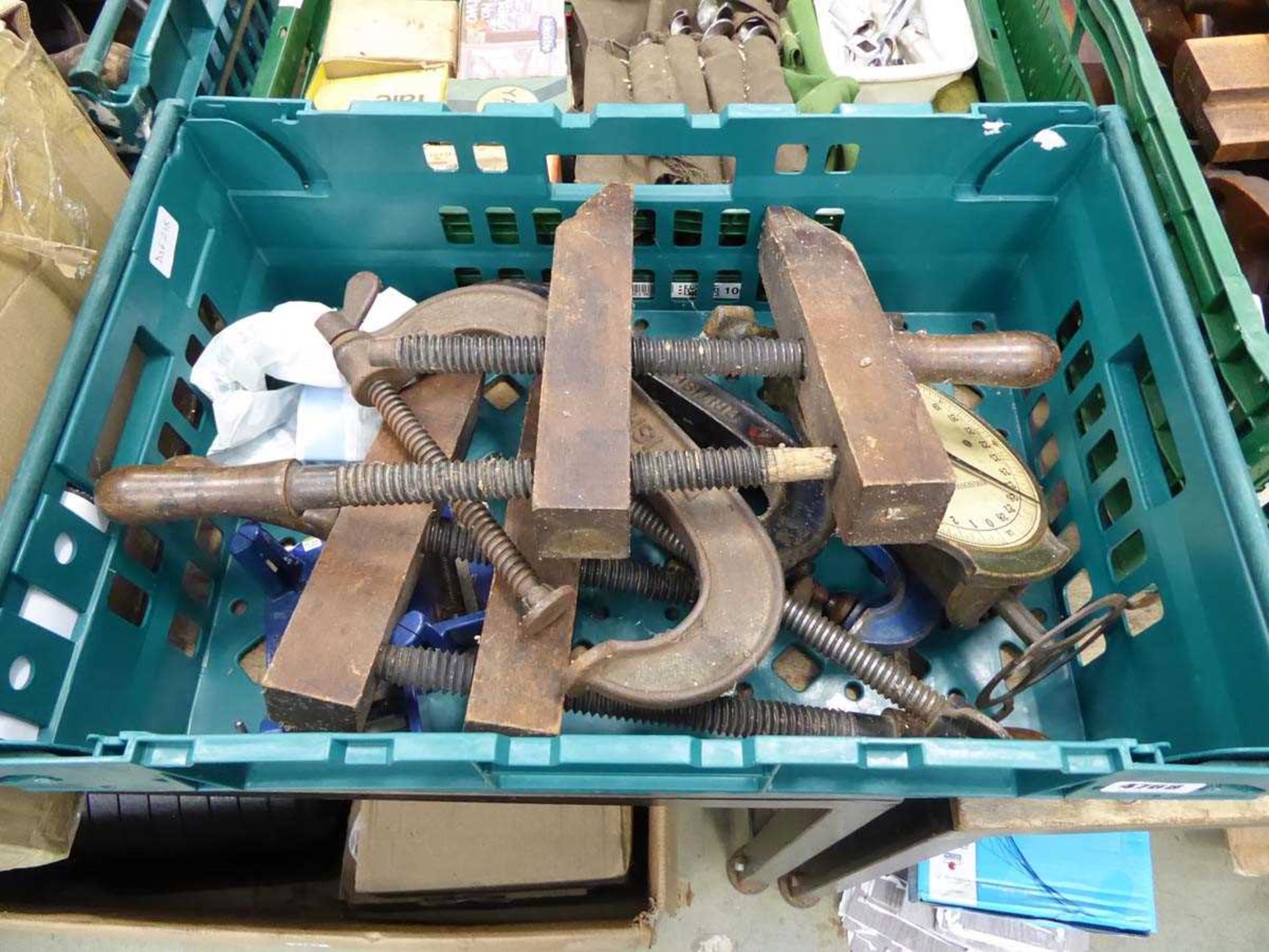Box containing G clamps, wooden clamps, scales, etc