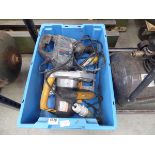 Blue crate containing Bosch GBH4DFE 110v breaker and a circular saw