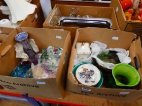 2 boxes containing Burleigh and Staffordshire crockery, moulded glass, water jug and ornamental