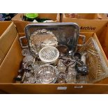 Box containing ornamental silver plated figures, trays, rose vases and cruet sets