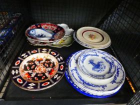 Cage of Dutch blue and white crockery plus Imari and other dishes and Crown Derby style plate