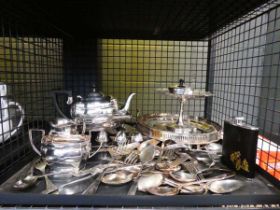 Cage containing hip flask, loose crockery, 3 piece tea service, gallery tray and bonbon dish