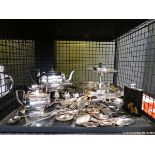 Cage containing hip flask, loose crockery, 3 piece tea service, gallery tray and bonbon dish